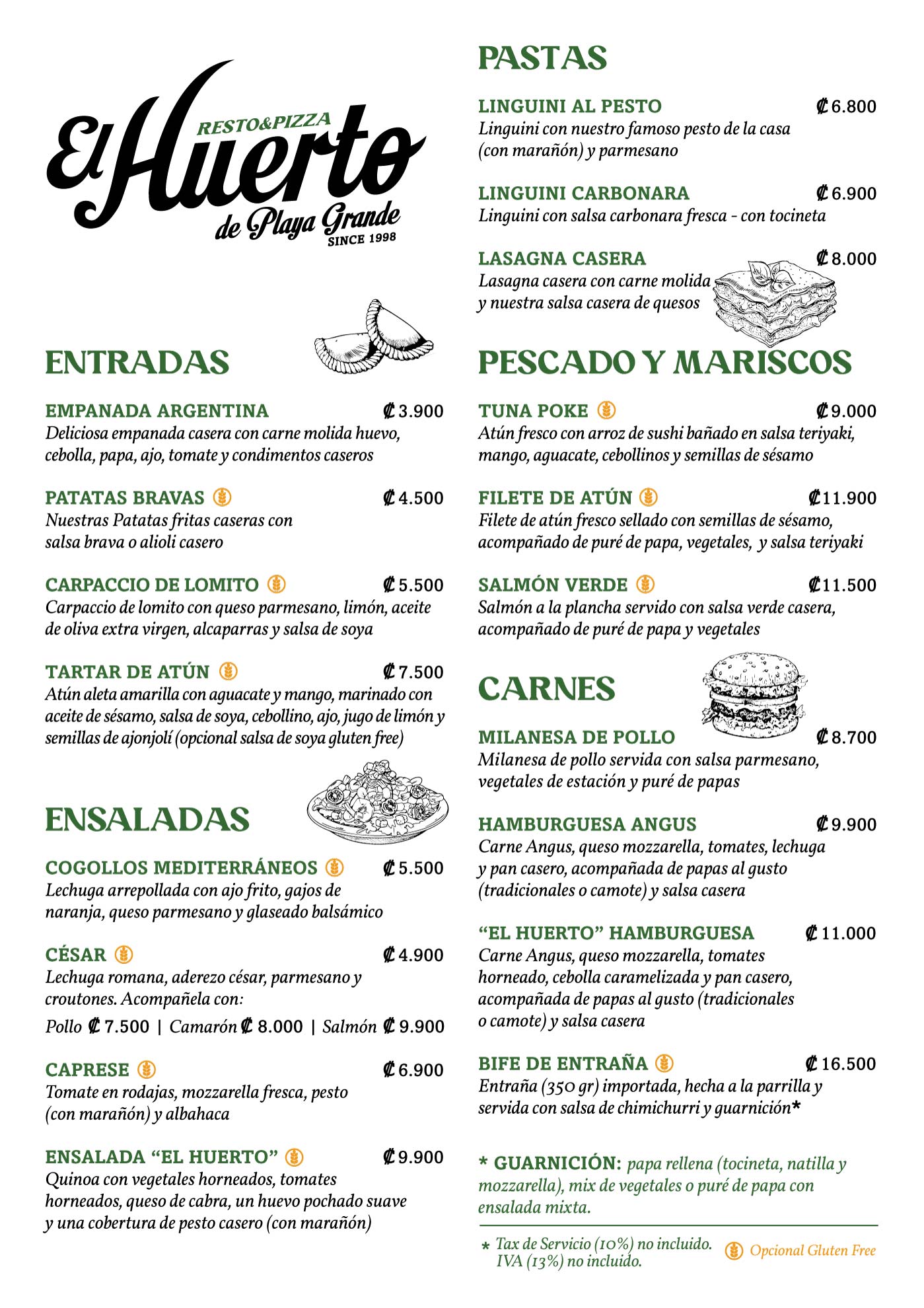 El huerto de Playa Grande Spanish Menu 1